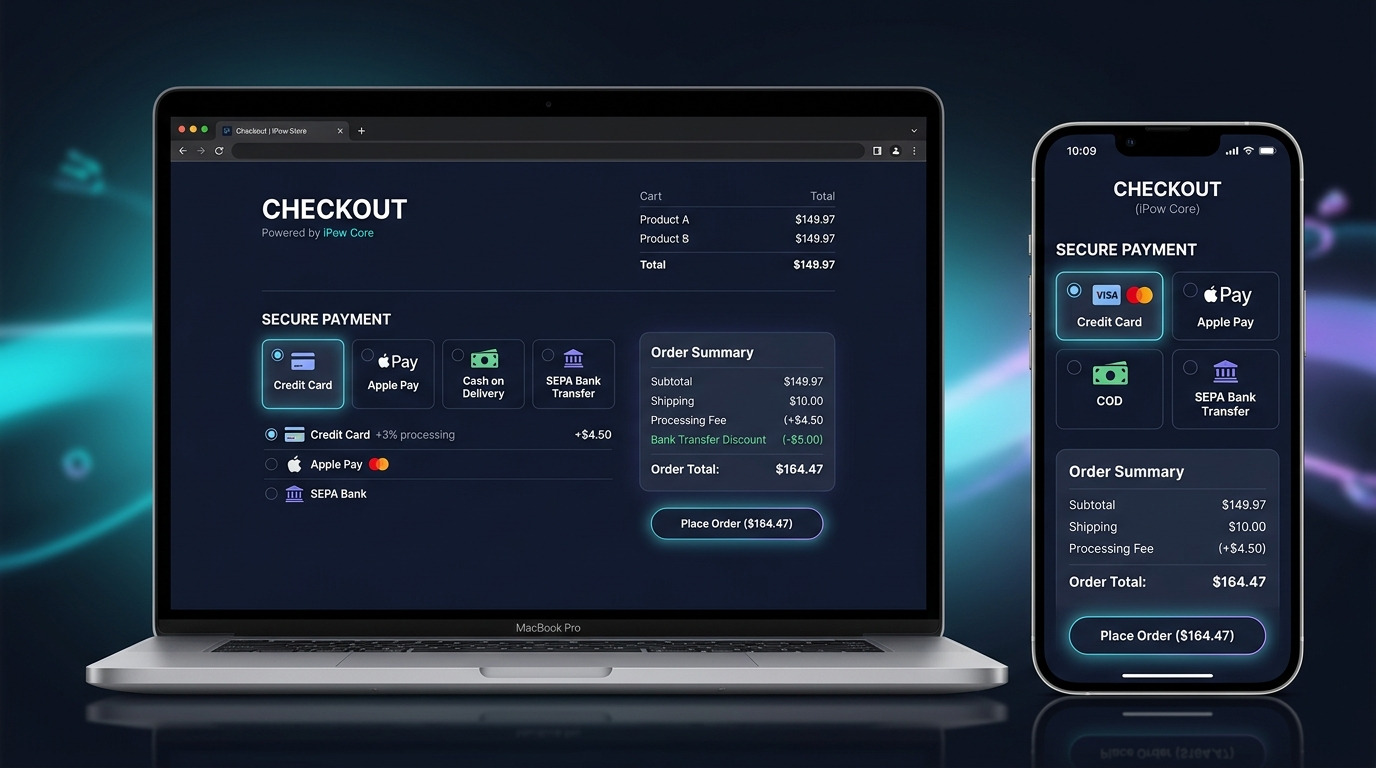 Desktop and mobile WooCommerce checkout showing a transparent payment fee line item